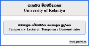 Temporary Lecturer, Temporary Demonstrator - University of Kelaniya Vacancies 2024