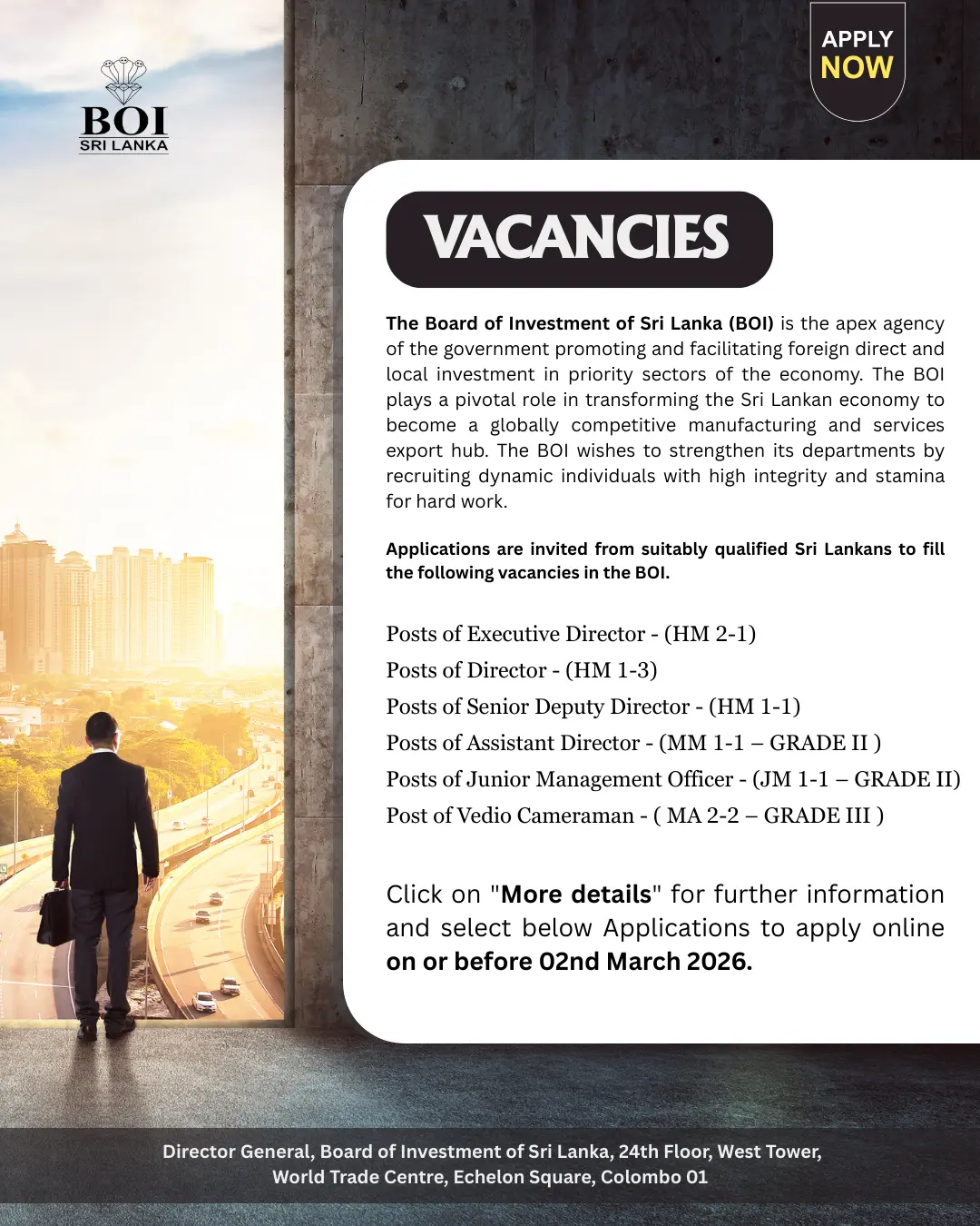 Video Cameraman, Junior Management Officers, Directors - BOI Vacancies 2026